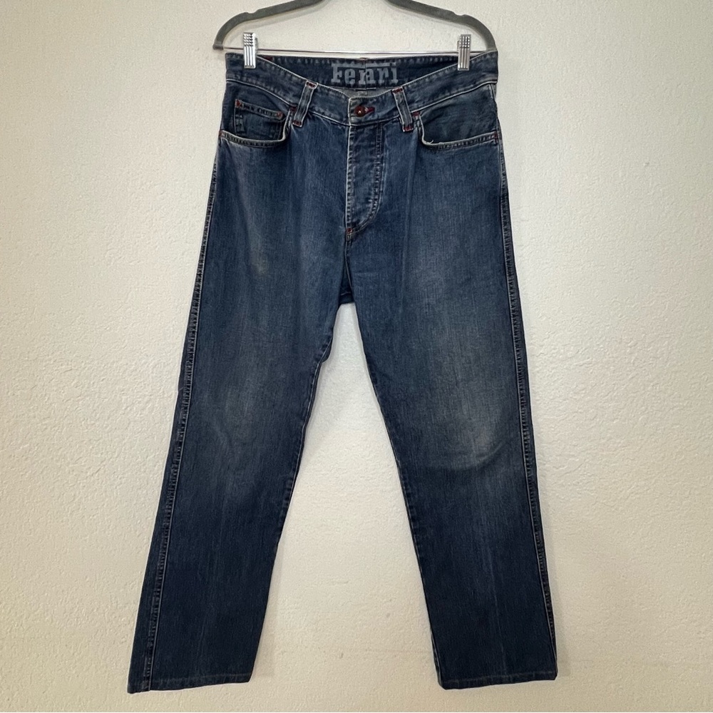 VTG Ferrari Button‎ Fly Blue Denim Jeans Leather Logo Italian Mens 33x30.5 IT 50